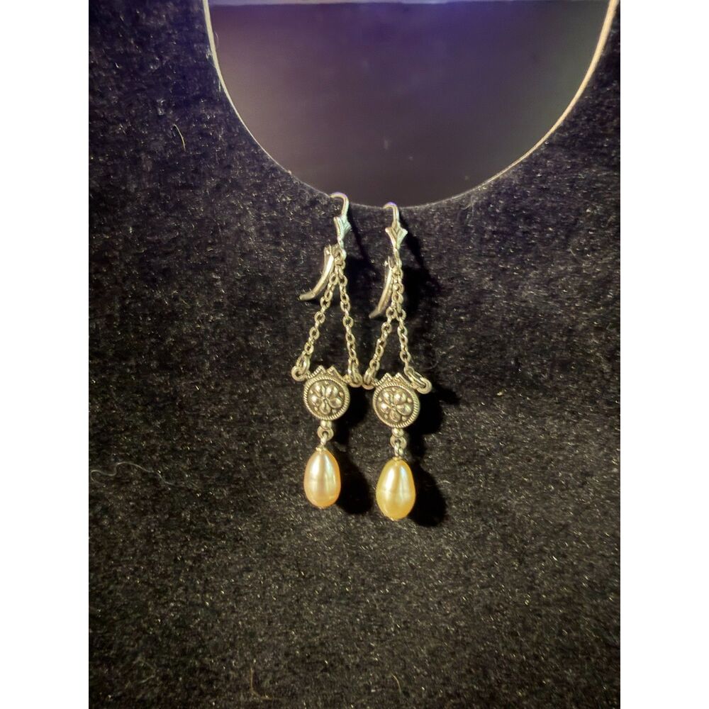 Judith Jack 925 Sterling Silver Floral Pearl Drop Dangle Leverback Earrings